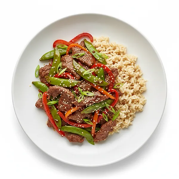 Ginger-Soy Beef & Snap Peas with Brown Rice Bell Pepper Medley